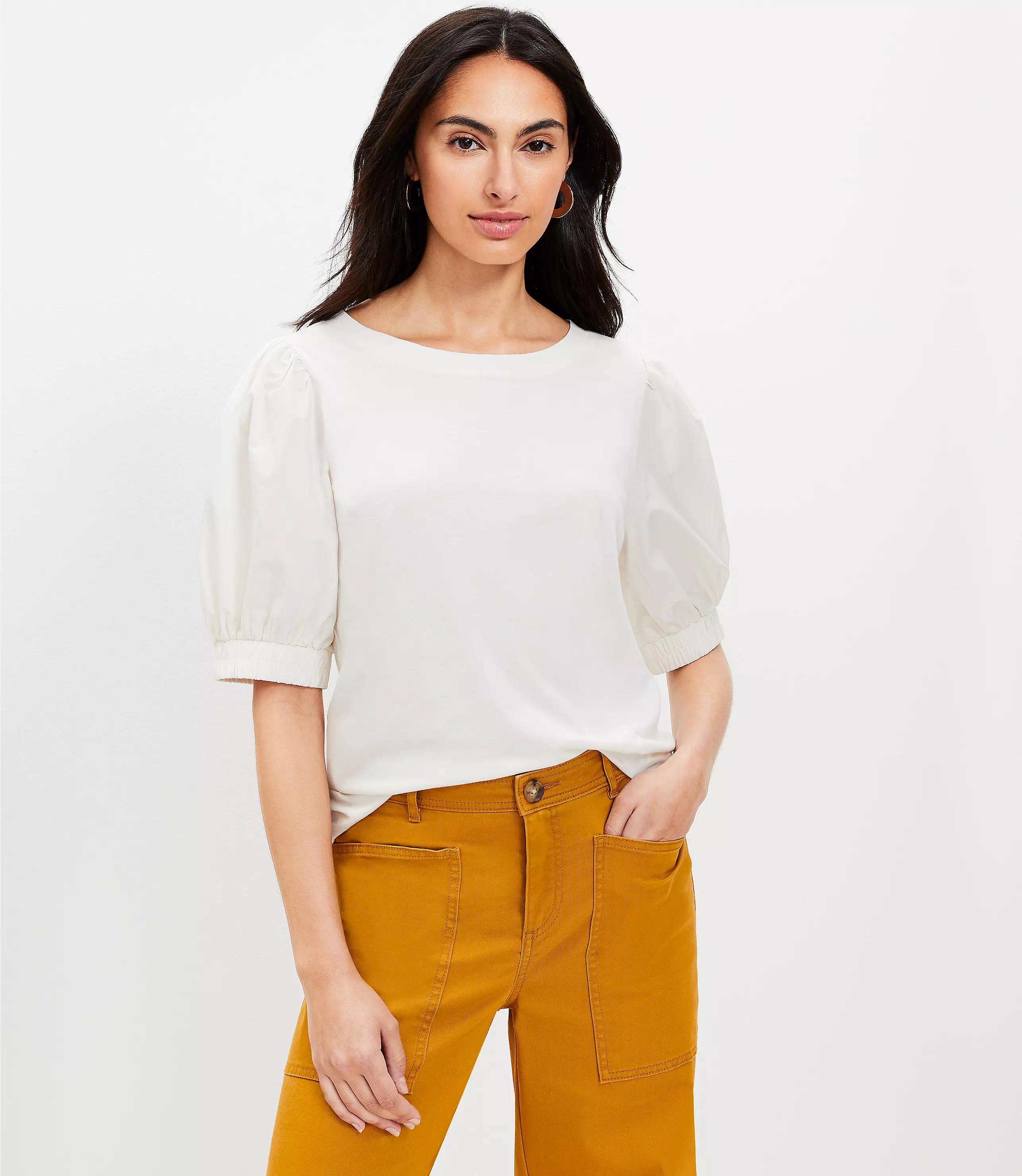 Puff Sleeve Mixed Media Top | LOFT