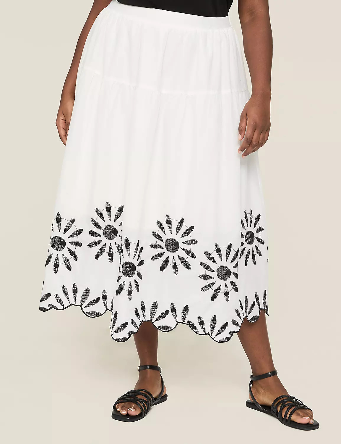 Embroidered Scallop-Hem Tiered Midi Skirt | Lane Bryant (US)