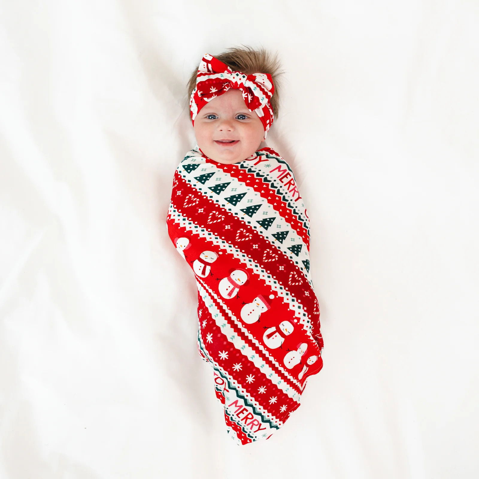 Festive Fair Isle Swaddle & Luxe Baby Girl Soft & Stretchy Bamboo Bow Headbands Set | Little Sleepies