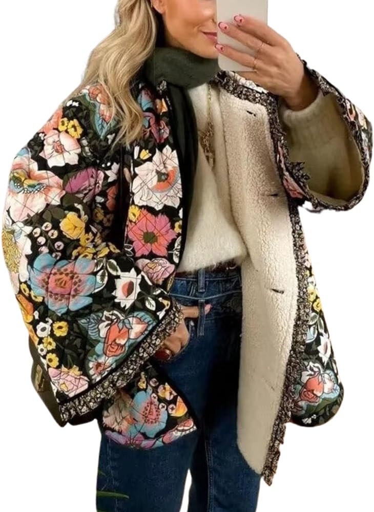 Womens Cropped Quilted Lightweight Jackets Floral Printed Open Front Puffer Coat Cardigan | Amazon (US)