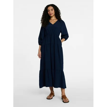 Time and Tru Women's Tiered Maxi Dress with 3/4 Length Sleeves, Sizes XS-XXXL | Walmart (US)