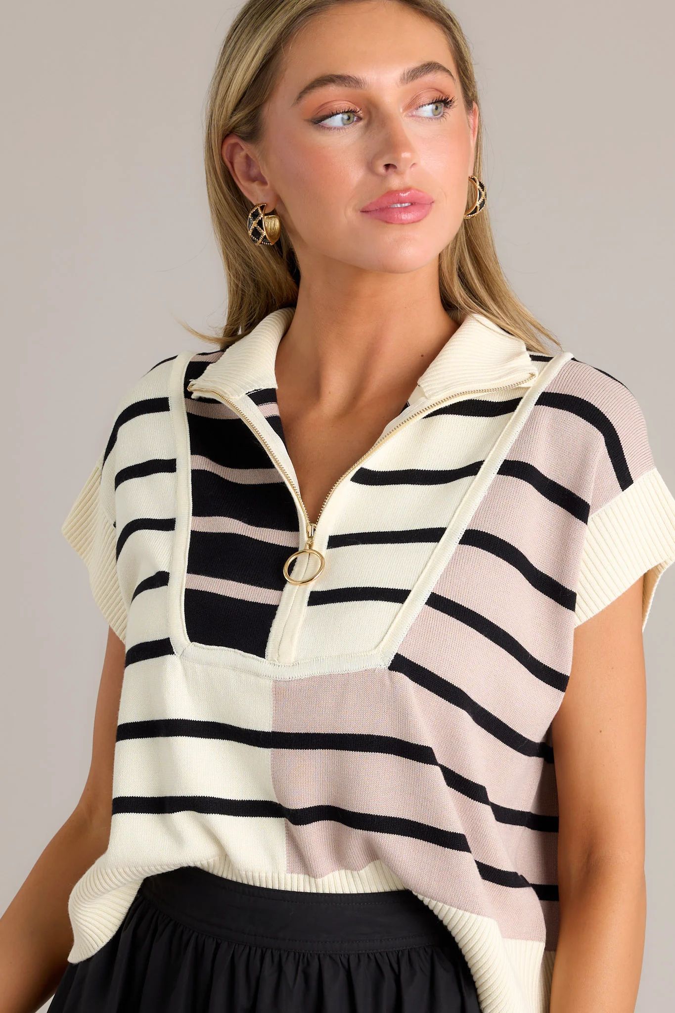 Bold Bands Beige Stripe Half-Zip Sleeveless Sweater | Red Dress