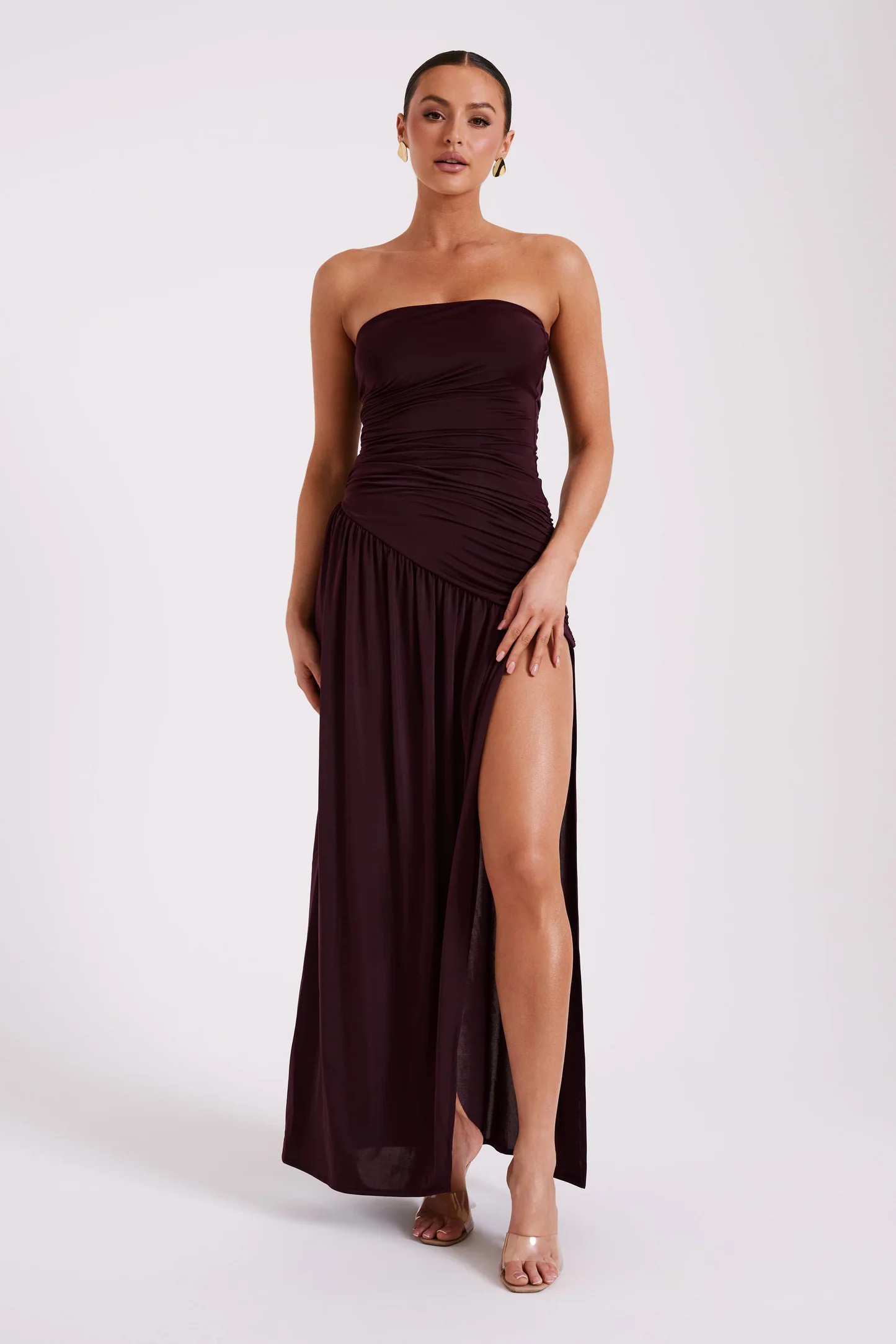 Bex Strapless Slinky Maxi Dress With Split - Burgundy | Meshki (APAC)