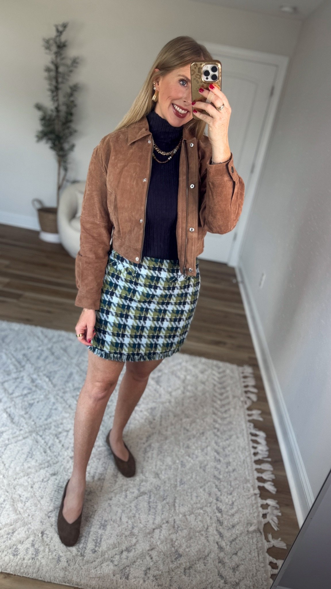 Daily try on, Walmart outfit, Walmart fashion, Walmart style, Walmart try on, suede jacket, tweed skirt, ribbed mock neck sweater, free assembly

#LTKgrwm