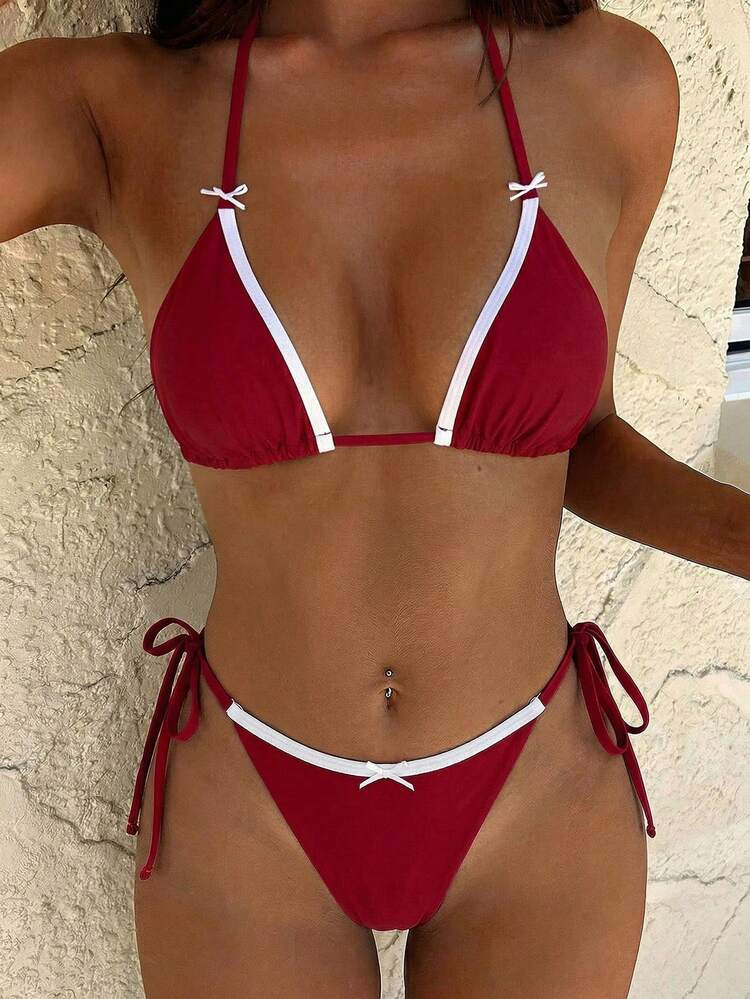 PEPPERMOLLY 2026 Spring/Summer New Soft Cup Solid Color Halter Tie Bikini Set, Summer Beach Fashi... | SHEIN