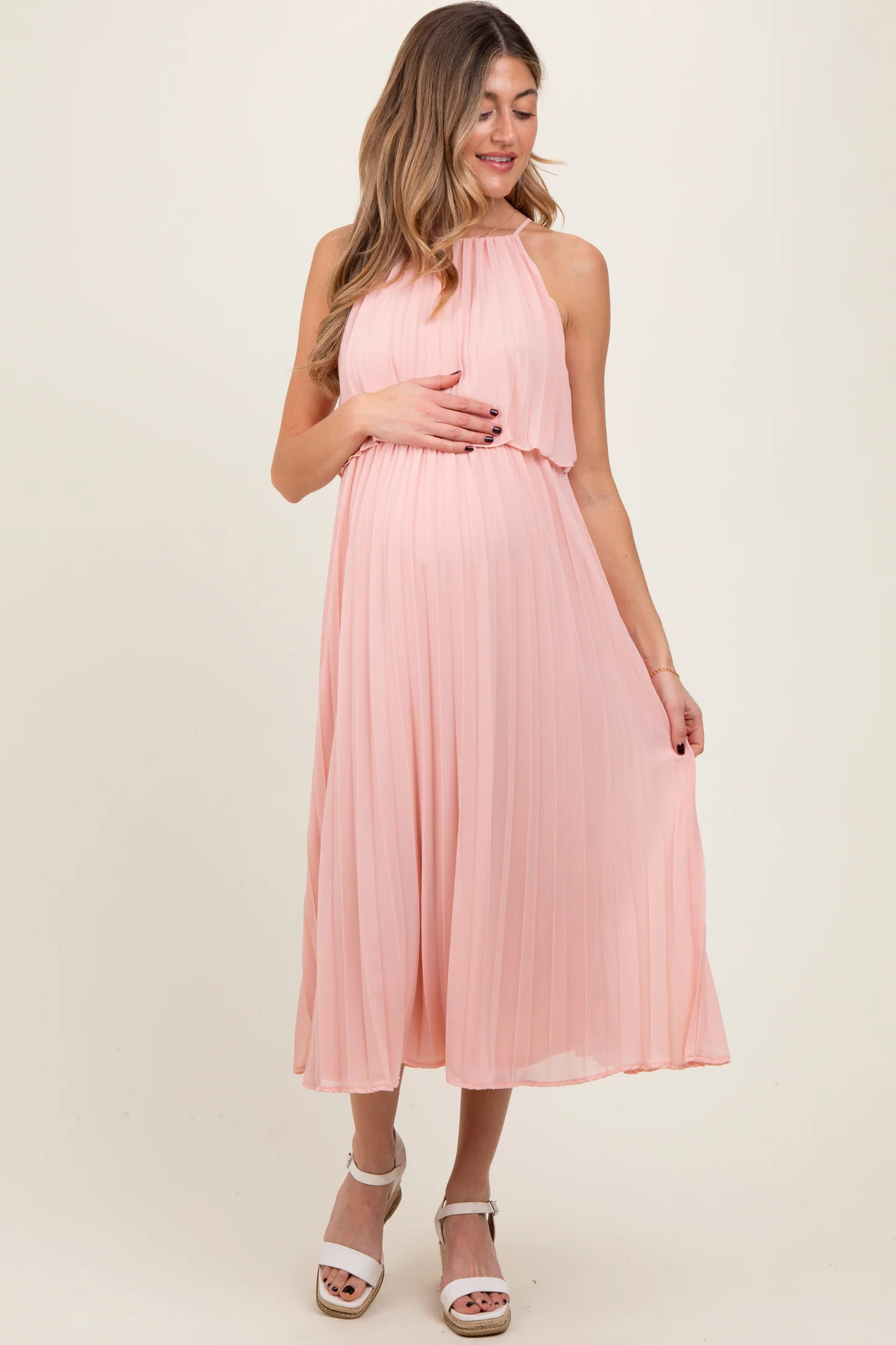 Pink Pleated Woven Maternity Midi Dress | PinkBlush Maternity