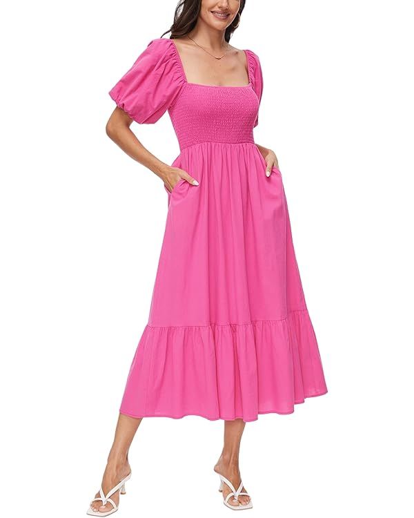 Square Neck Dress for Women 2024 Summer Smocked Midi Dress Cotton Off Shoulder Short Puff Sleeve ... | Amazon (US)