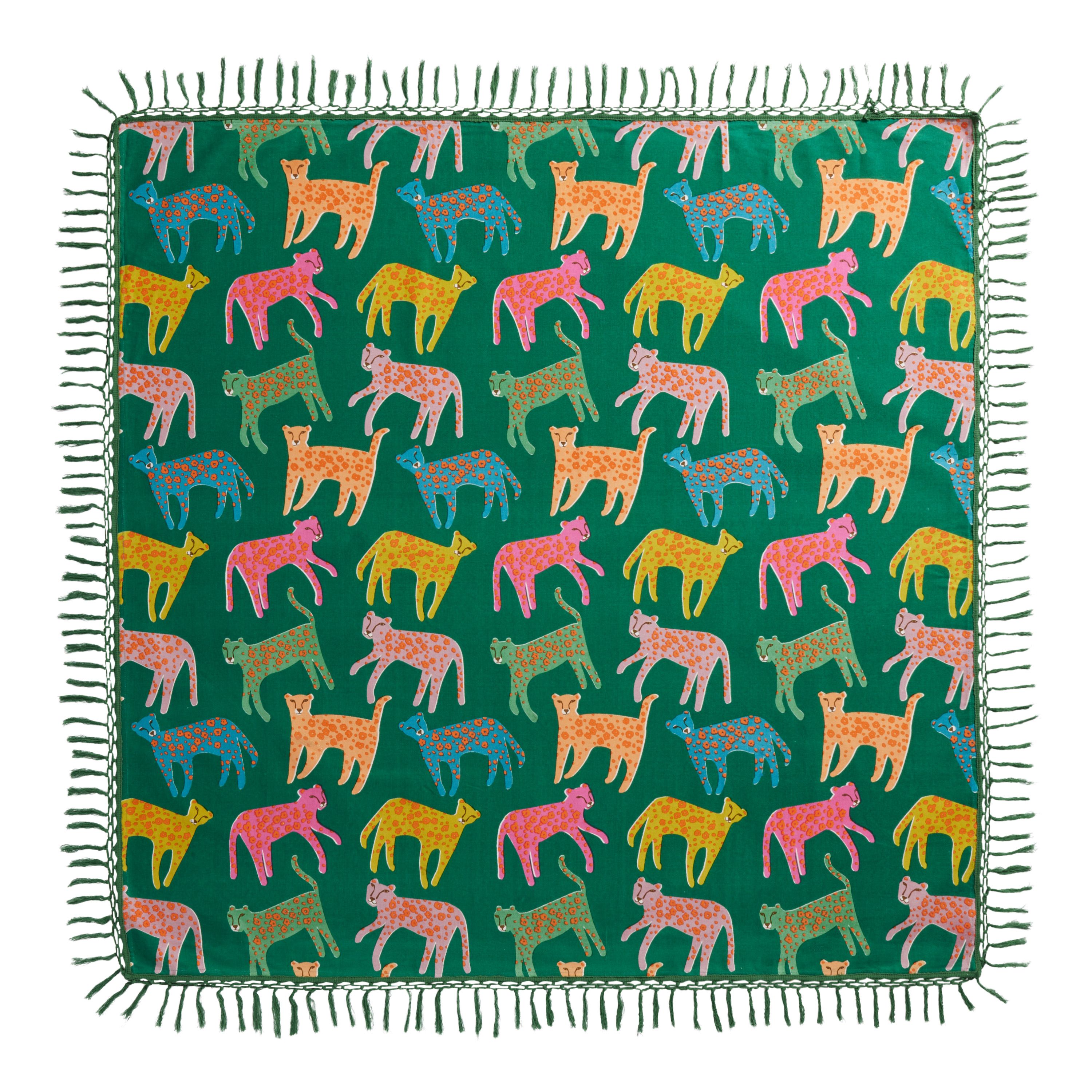 Leo Square Green Multicolor Cats Cotton Picnic Blanket - World Market | World Market