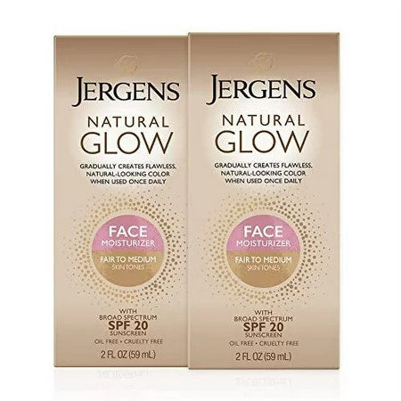 Jergens Natural Glow Face Self Tanner Lotion SPF 20 Sunless Tanning Fair to Medium Skin Tone Daily Facial Sunscreen Oil Free Broad Spectrum Protection 2 oz Pack of 2 (Packaging May Vary) | Walmart (US)