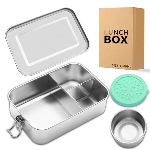 SUTETLW Stainless Steel Bento Lunch Box 1500ML,3 Compartment Metal Bento Lunch Boxes with 100ml Leak-proof Condiment Container,Metal Food Storage for Work Adults | Amazon (US)