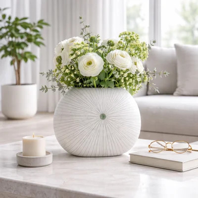 Round Shell Ceramic Vase For Living Room Decor - Stylish Dotted Pattern Flower Vase For Table Centerpiece, Shelf Accent, Or Home Decor | Wayfair North America