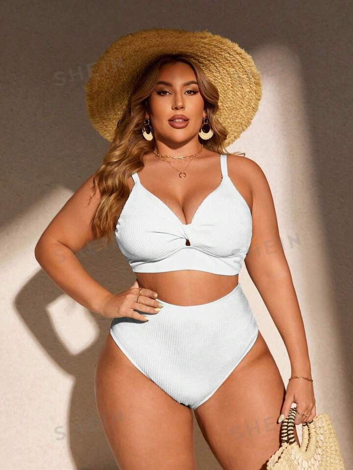 SHEIN Swim Curve Plus Size Solid Color Simple Swimsuit And Bikini Set | SHEIN