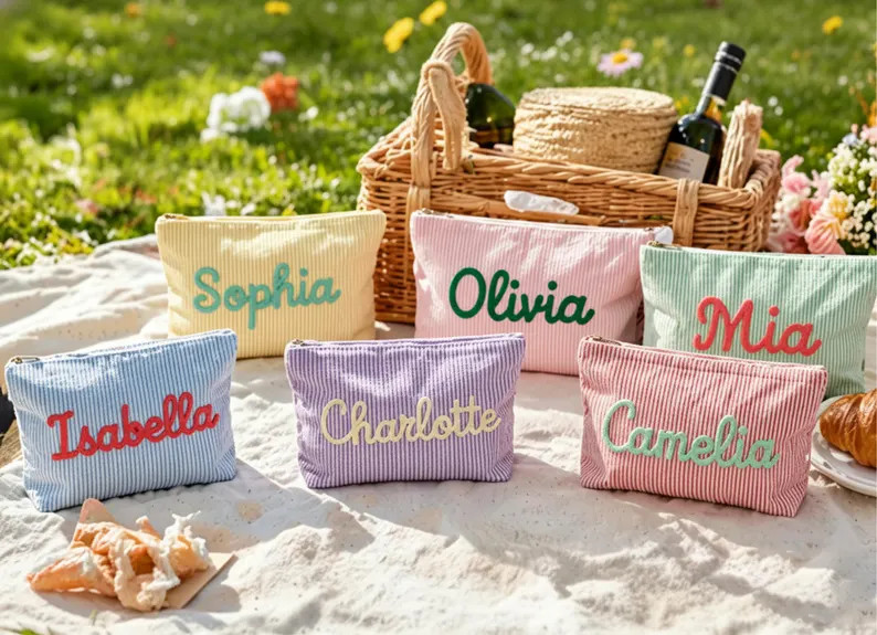 Personalized Seersucker Makeup Bag, Chenille Name Cosmetic Pouch, Travel Toiletry Bag, Gift for H... | Etsy (Global)