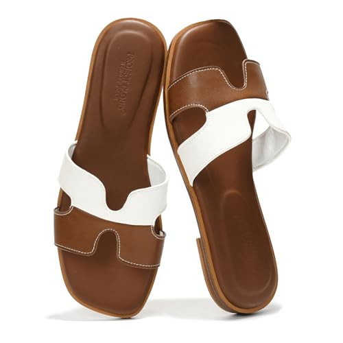 Project Cloud Genuine Leather Sandals for Women - Fashion Flat Womens Sandals with Memory Foam Insole Slides Sandals Women Footwear - Mules Women's Sandals(Jannel,Brwnwhit,11) | Amazon (US)