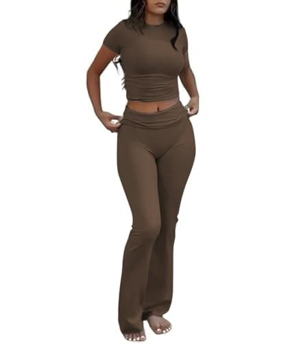 COPYLEAF Two Piece Lounge Sets for Women Fold Over Flare Pants Short Sleeve Crop Top Y2k Outfits Matching Set Tracksuit(Brown S) | Amazon (US)