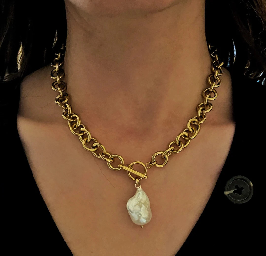 Baroque Pearl Pendant Necklace, Large Real Fireball Baroque Pearl, Irregular Pearl Toggle Necklac... | Etsy (US)