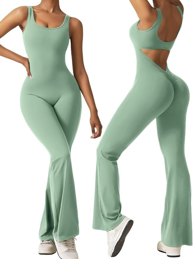 Vertvie Sleeveless Flare Jumpsuits for Women Sexy Backless Bodycon V Back Scrunch Butt Yoga Rompe... | Amazon (US)