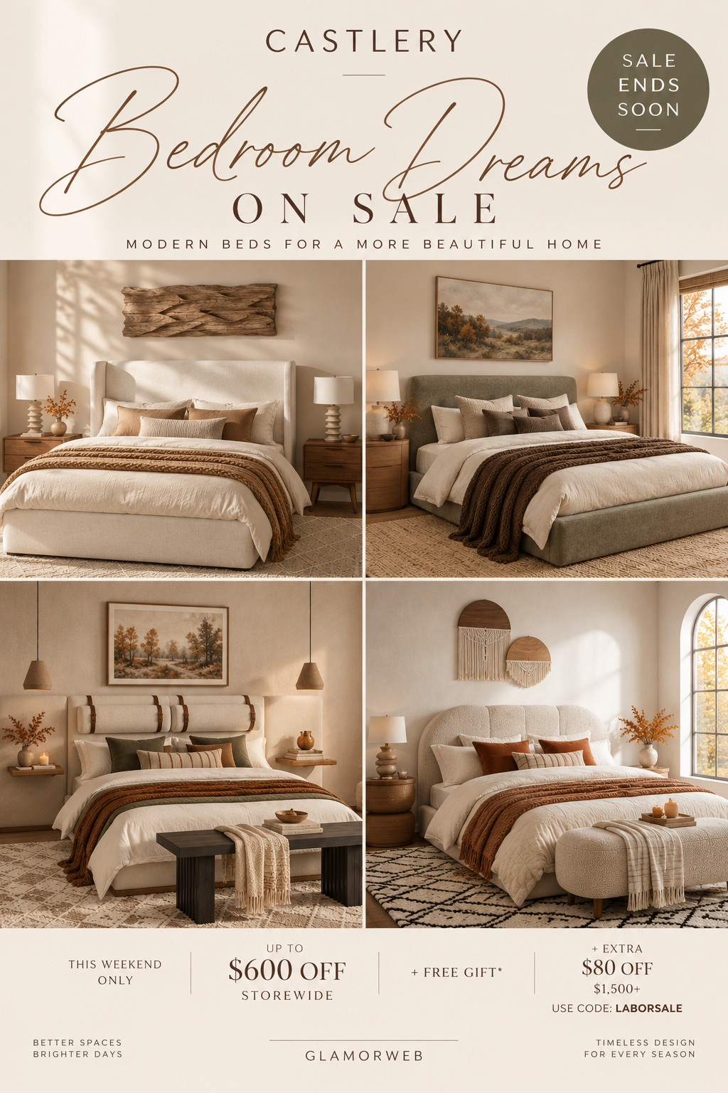 Obsessed with these cozy Castlery bed finds for a fall bedroom refresh 🤎 The soft upholstered frames, warm wood tones, boucle textures, and neutral styling make every one feel so elevated and cozy for the season. And the timing is SO good because the sale is ending soon! 🚨 This weekend only: up to $600 off storewide + Free Gift + extra $80 off $1,500+ with code LABORSALE.* If a bedroom makeover has been on your list, I’d definitely shop before this one ends. 🍂

#Castlery #CastlerySale #BedroomSale #LaborDaySale #SaleEndsSoon #FallBedroom #FallBedroomRefresh #BedroomIdeas #BedroomInspo #UpholsteredBed #BoucleBed #ModernBedroom #NeutralBedroom #CozyBedroom #LuxuryBedroom #FallHomeDecor #HomeDecorFinds #FurnitureSale #BedroomMakeover #CozyHome 

 #LTKSeasonal #LTKHome #LTKSaleAlert