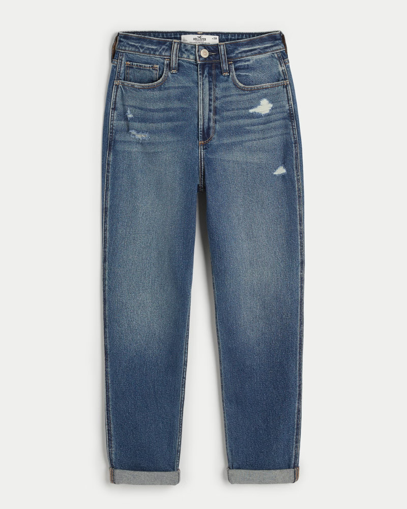 Curvy Ultra High-Rise Ripped Dark Wash Mom Jeans | Hollister (US)