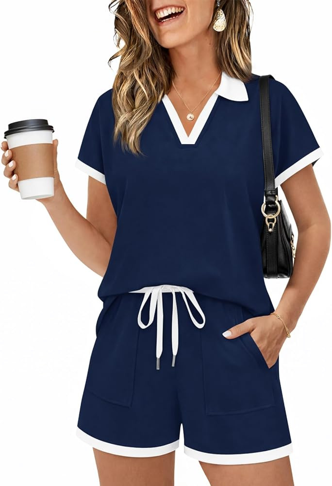 Yousify Womens Lounge Sets Two Piece Sets Summer Polo Shirts and Drawstring Shorts Matching Cloth... | Amazon (US)