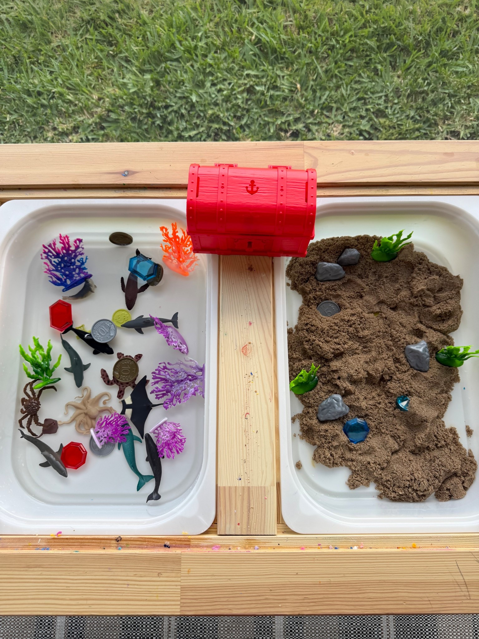 Ocean theme sensory table!!🐙🦀🏴‍☠️💎

Sensory table/ sensory bin/ toddler sensory play 

#LTKActive #LTKBaby #LTKKids
