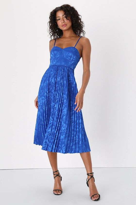 Chic Sensibility Cobalt Blue Satin Jacquard Pleated Midi Dress | Lulus (US)