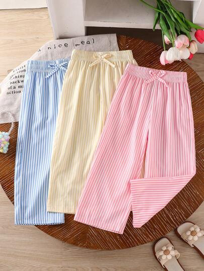 Genkimix Kids 3 Piece Set Young Girl' Simple Striped Loose Straight Leg Casual Pants, Suitable Fo... | SHEIN