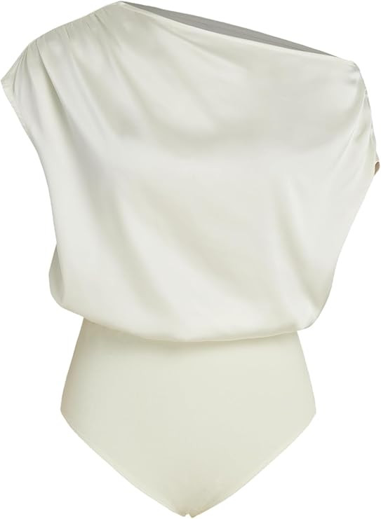 CIDER Women's French Riviera Vacation Satin Asymmetrical Neck Solid Ruched Bodysuit | Amazon (US)