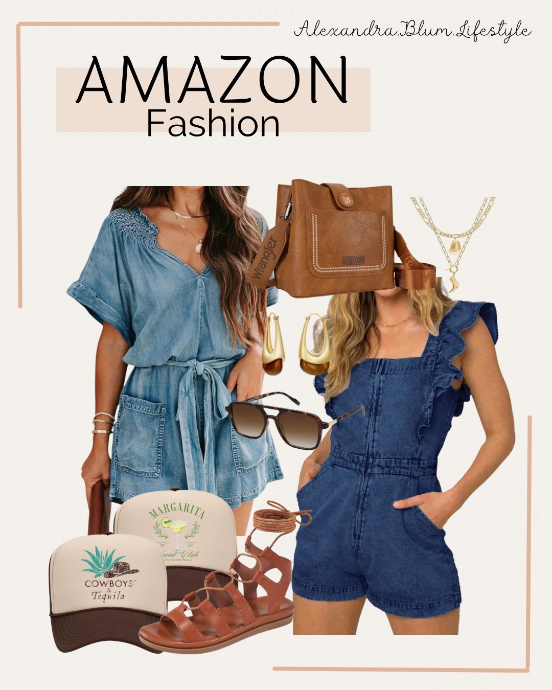 Cute boho style western outfit idea perfect for summer festivals and country concert outfits! Cute denim jean romper dress from Amazon! Cute tie lace up sandals, boho purse, and statement necklace! 
Trucker hat! 

#LTKSeasonal #LTKStyleTip #LTKFindsUnder50