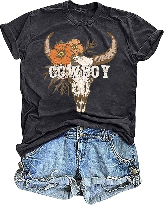 Cow Skull Shirts for Women Western Cowgirl Tshirt Vintage Rodeo Country Concert Outfit Cowboy Gra... | Amazon (US)