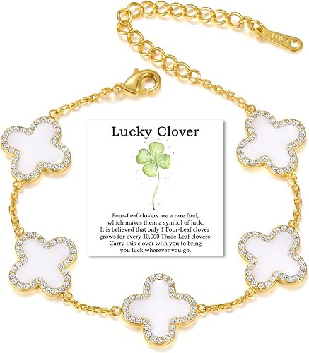 Qitian Clover Bracelet for Women 18K Gold Four Leaf Pink Lucky Link Clover Bracelets, Trendy Brac... | Amazon (US)