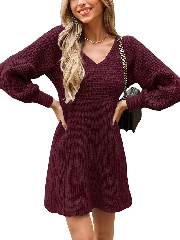 CUPSHE Women's Sweater Dress V Neck Honeycomb Long Sleeve Textured Fall Casual Knit Pullover Dres... | Amazon (US)