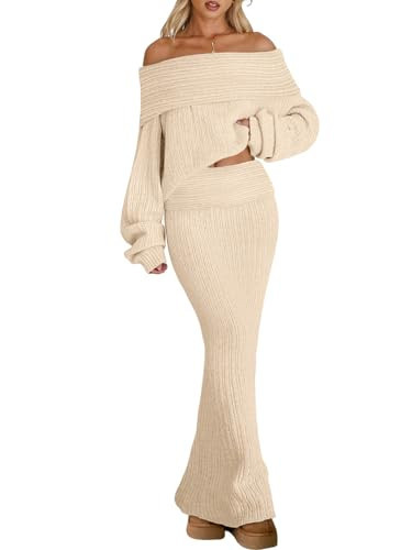 LILLUSORY Womens 2 Two Piece Sweater Maxi Skirt Set Off the Shoulder Fall Fashion Outfits Clothes 2025 Trendy Dress Cozy Cute Ribbed Cable Knit Winter Y2k Night Out Apricot L | Amazon (US)