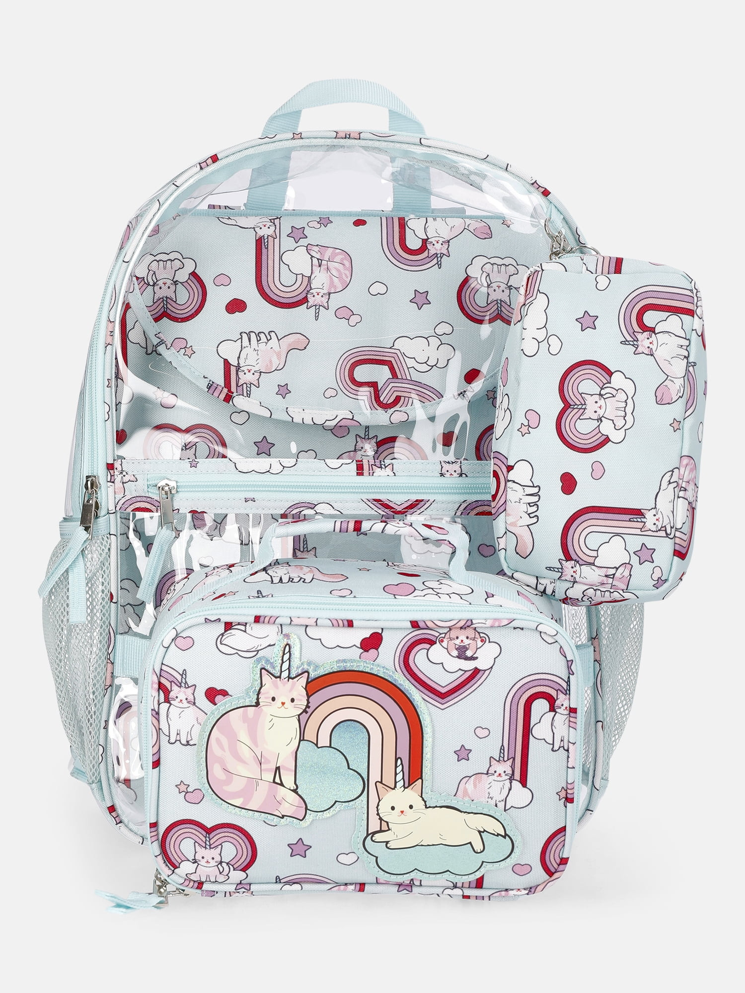 Wonder Nation Kids' Clear Caticorn 17" Backpack, Lunch Tote, Laptop Sleeve and Pouch Set, 4-Piece | Walmart (US)