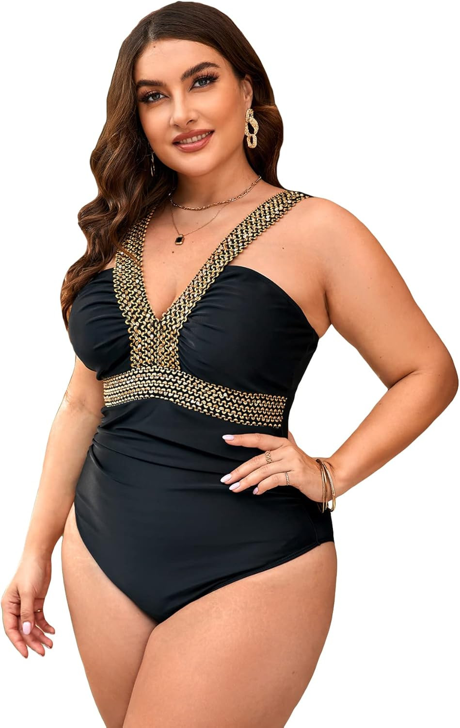 MakeMeChic Women's Plus Size Contrast Trim Deep V Neck Cut Out One Piece Swimsuit Bathing Suit | Amazon (US)