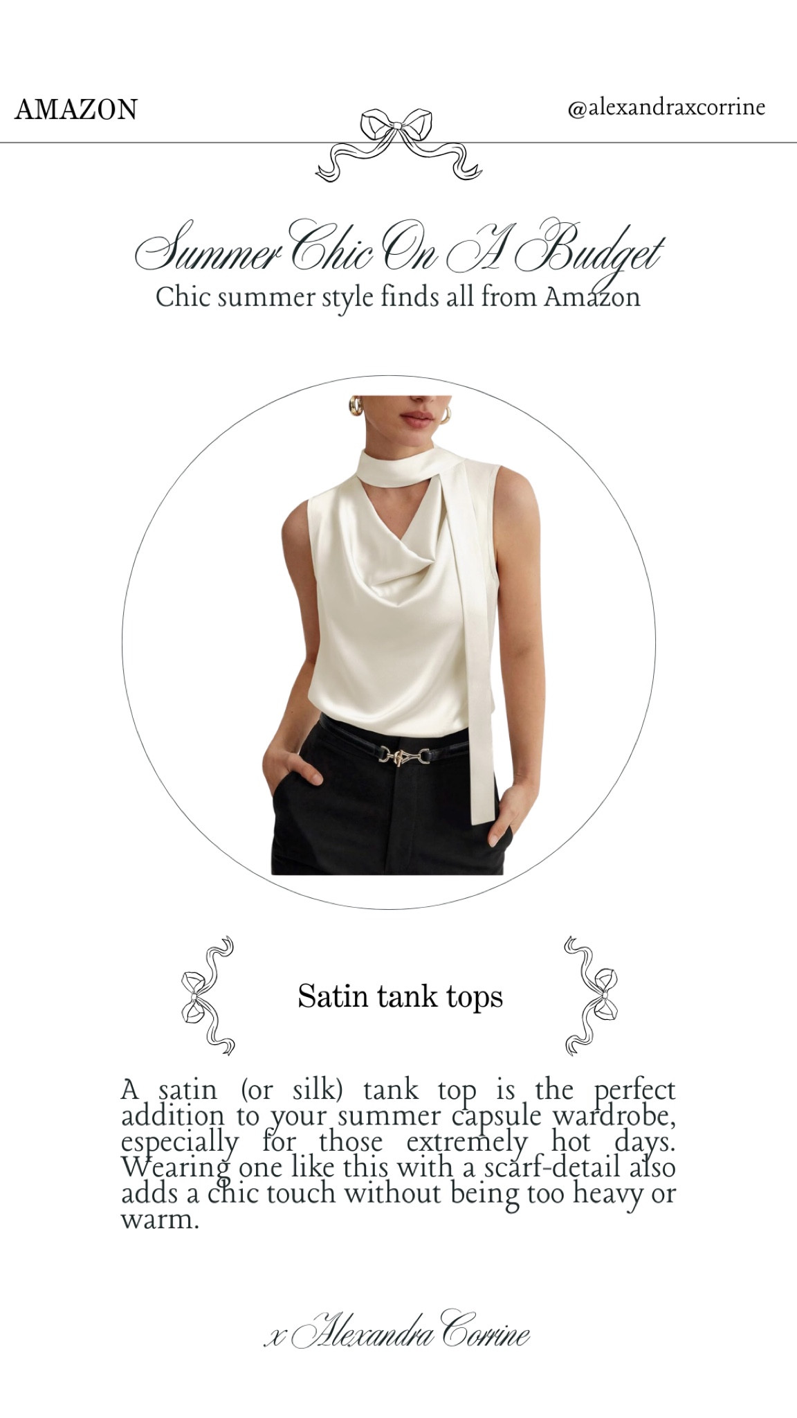 Summer chic on a budget 🥂 Chic summer style finds all from Amazon 🍾

Bougie on a budget, Amazon fashion, Amazon accessories, summer fashion, summer style, chic elegant style, old money aesthetic, summer fashion finds Amazon, tank top, summer blouse, scarf detail, silk, satin

#LTKSeasonal