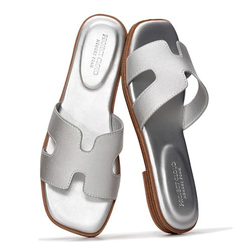 Project Cloud Genuine Leather Sandals for Women - Fashion Flat Womens Sandals with Memory Foam Insole Slides Sandals Women Footwear - Mules Women's Sandals (Jannel,Silv,7) | Amazon (US)