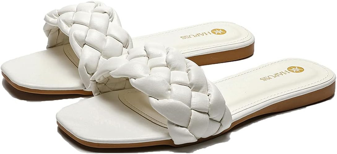 Womens Flat Slide Sandals,nude braided sandals for women,Square Open Toe Slippers Cute Slip On Su... | Amazon (US)
