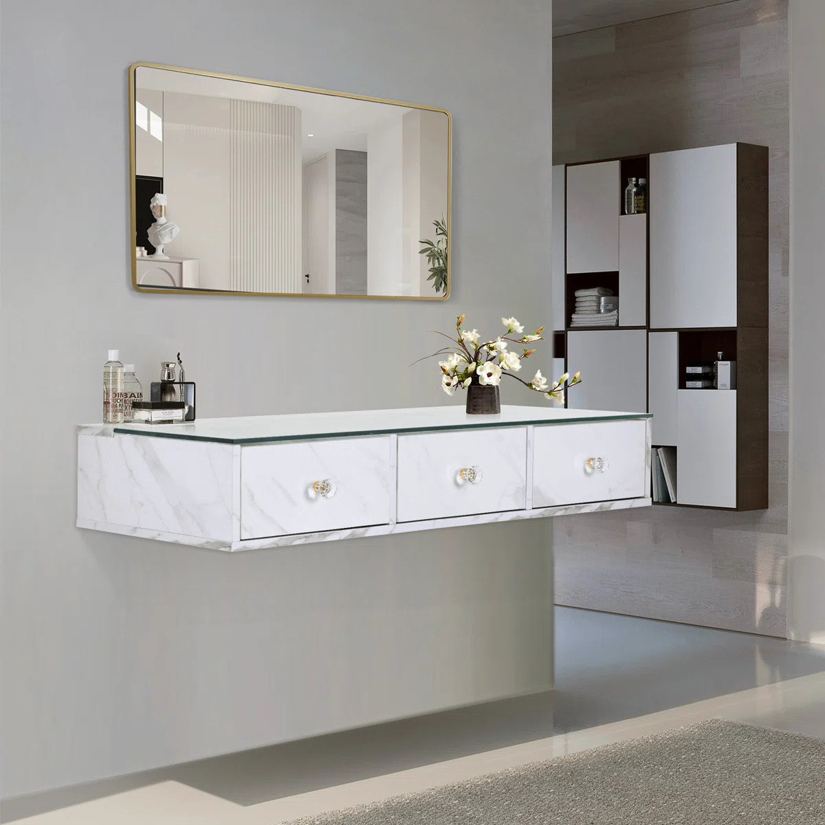 Glass Top Wall Mount Makeup Vanity, Storage Cabinet with 3 Drawers | Wayfair North America
