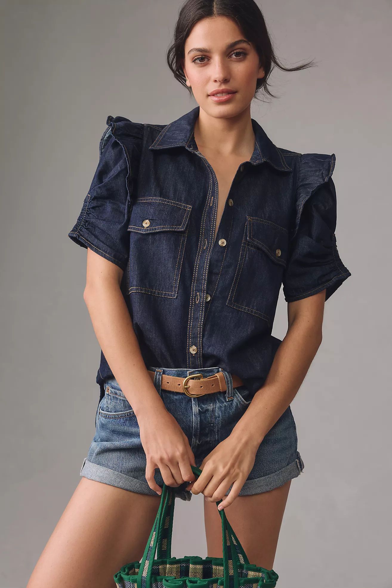 Pilcro Ruffle-Sleeve Denim Buttondown Shirt | Anthropologie (US)