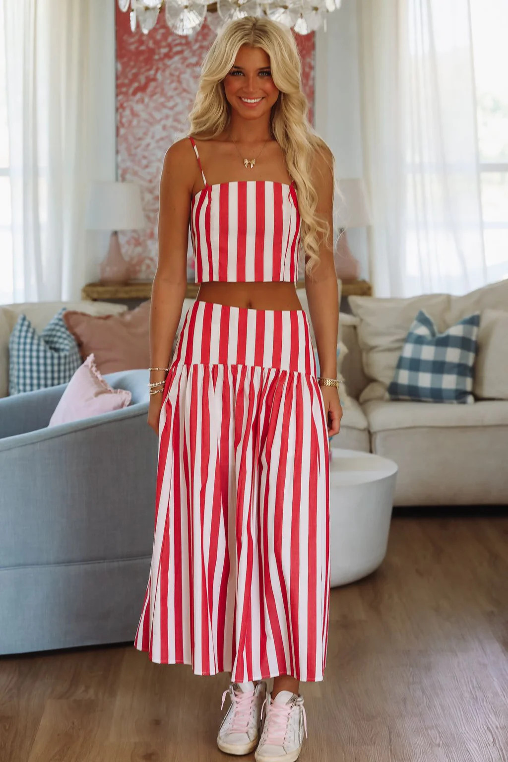 Stadium Stripes Maxi Skirt - Red and White | Hazel and Olive