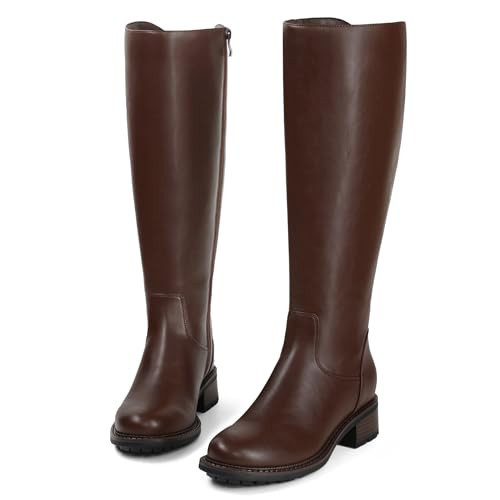 USIMAD Knee High Boots for Women Round Toe Tall Flat Low Chunky Heel Long Riding Boots | Amazon (US)