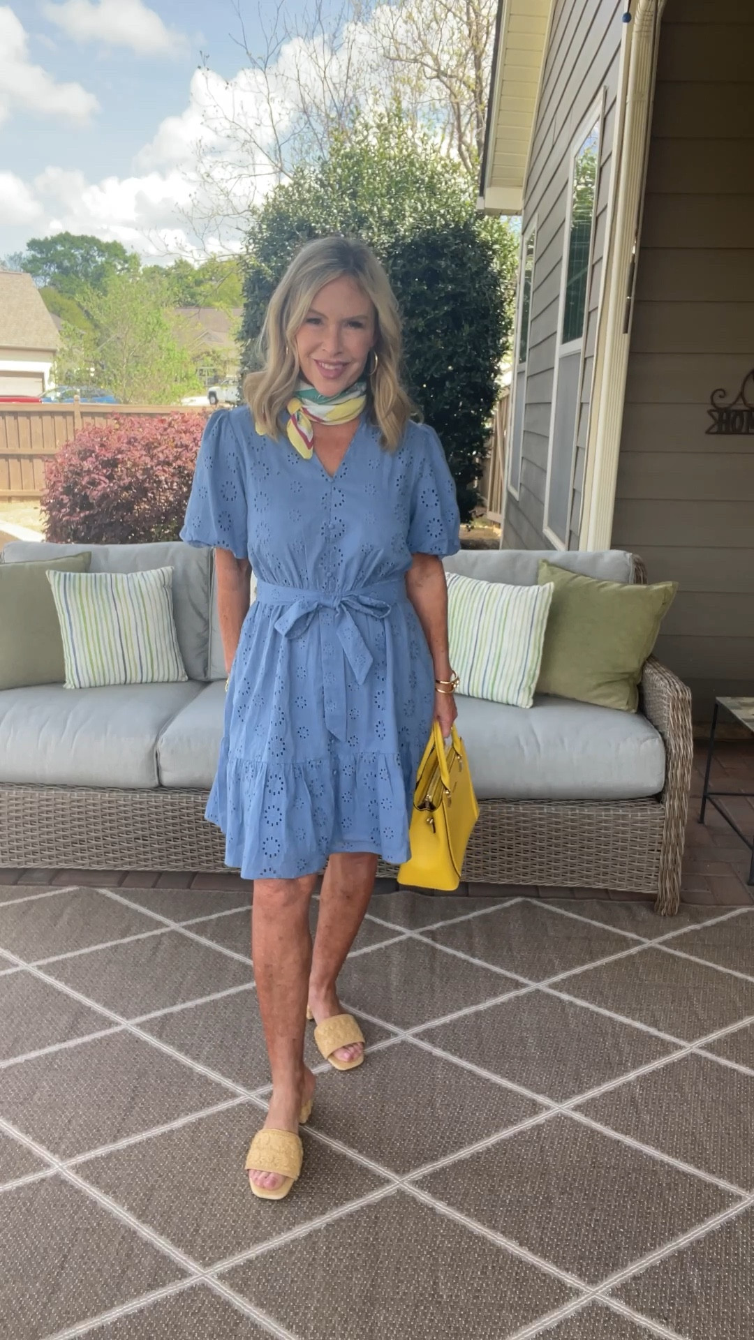 Pretty blue eyelet dress with tie belt. So cute! Loving the fun raffia low heel slides!! 

#LTKMothersDay #LTKgrwm
