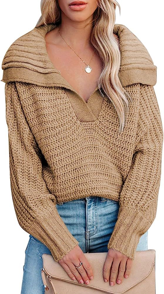Dokotoo Women V Neck Long Sleeve Sweaters Casual Solid Color Collared Knit Sweater Pullover Tops | Amazon (US)