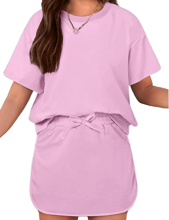 Arshiner Girls 2 Piece Outfits Summer Clothes Short Sleeve Drop Shoulder Shirt and Skirt with Bui... | Amazon (US)