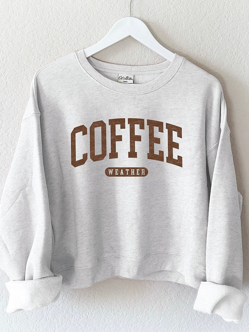 Coffee Weather Crop Graphic Sweatshirt Light Heather Gray | Wave Avenue Boutique