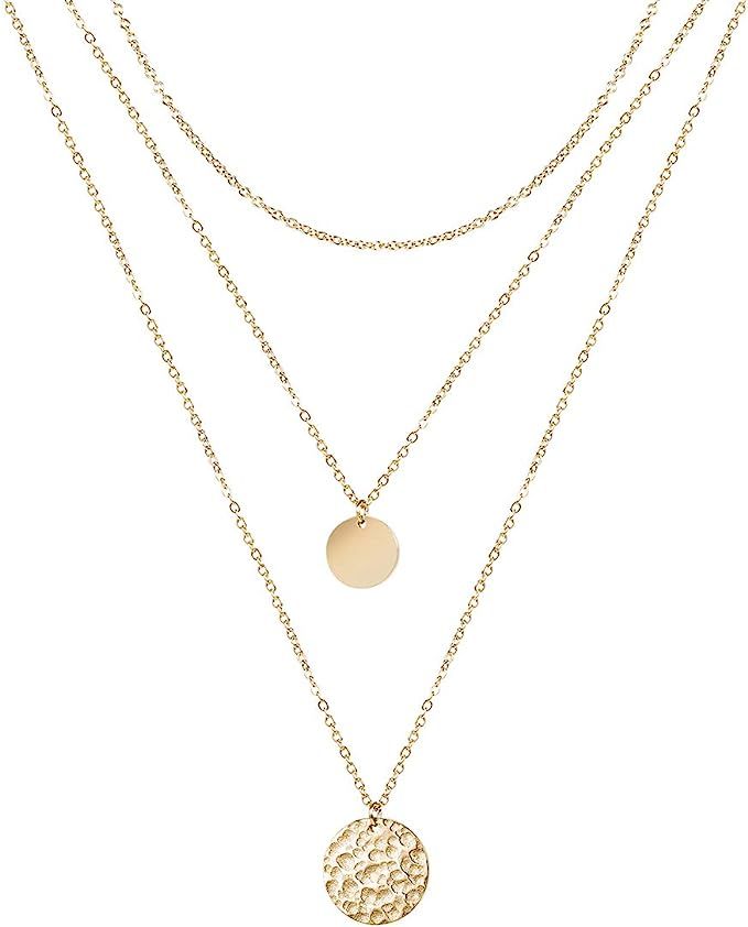 Dainty Disc Chokers Necklace Layered Circle Necklace Bar Y Pendant Necklace 14K Real Gold Plated ... | Amazon (US)