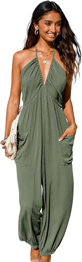 CUPSHE Women's Plunge Halter Sleeveless Pleated Long Romper Knit Jogger Maxi Jumpsuit with Pocket... | Amazon (US)