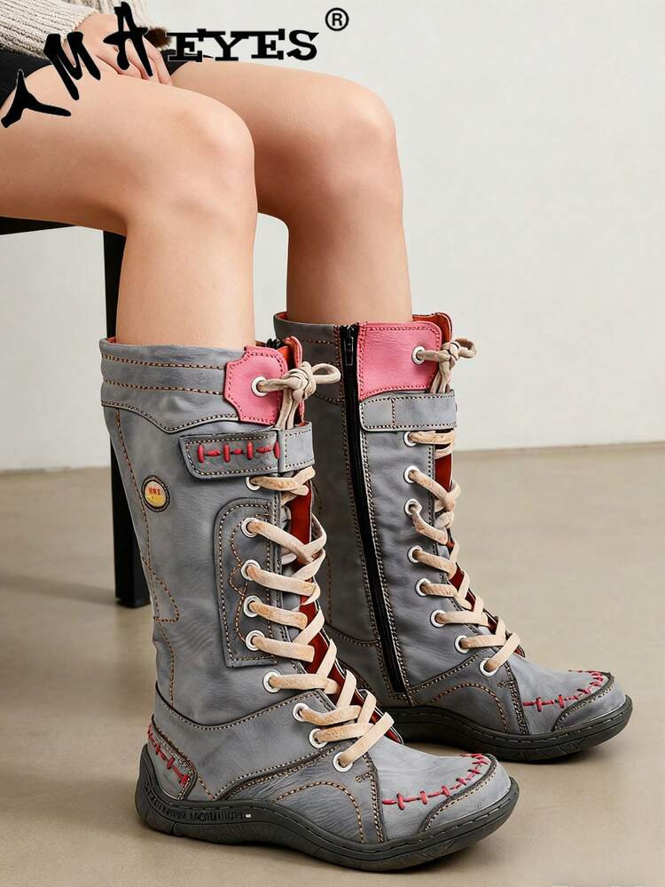1 Pair TMA EYES All-Season Vintage Women's Mid-Calf Boots, Colorblock Distressed Side Zipper High... | SHEIN