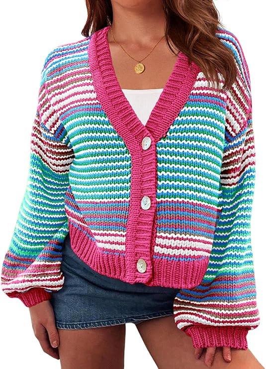 Saodimallsu Womens Striped Cardigan Sweaters Oversized Puff Sleeve Button Up V Neck Color Block K... | Amazon (US)